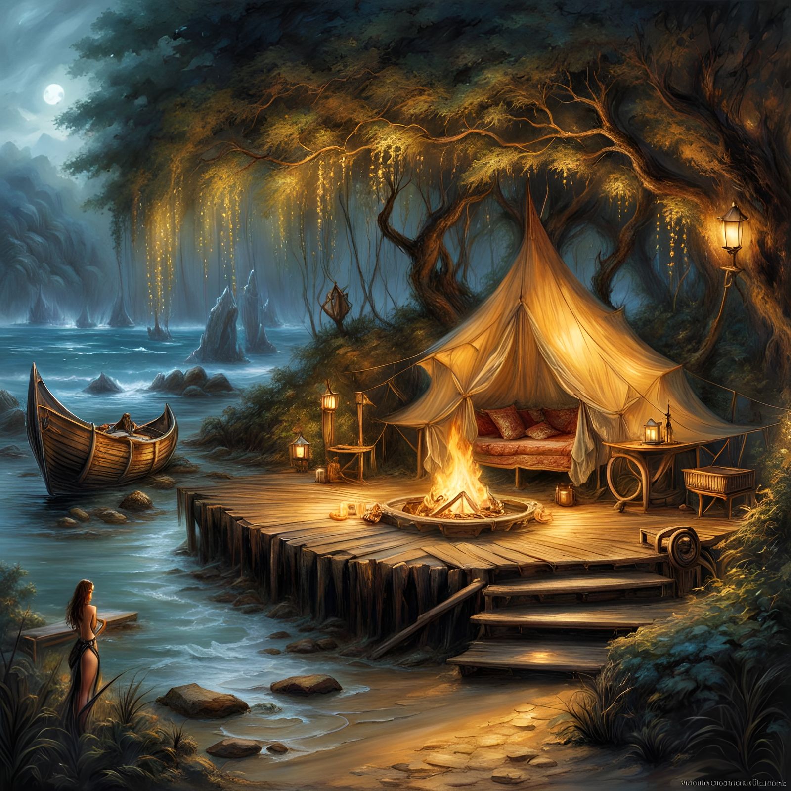 Cozy Campsite in Secluded Cove: Fantasy Art