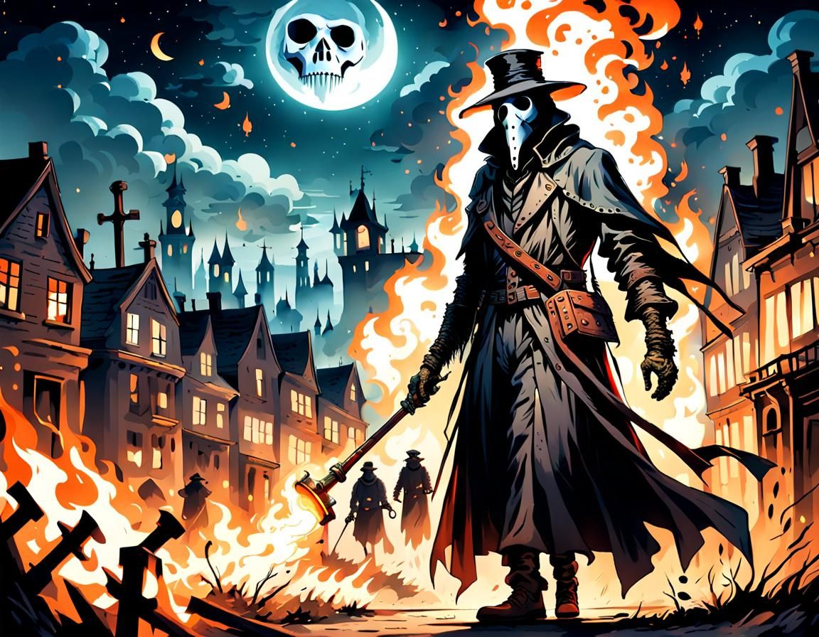Plague Doctor with Scythe in Burning City