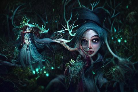 Mysterious Witch in Dark Forest Illustration