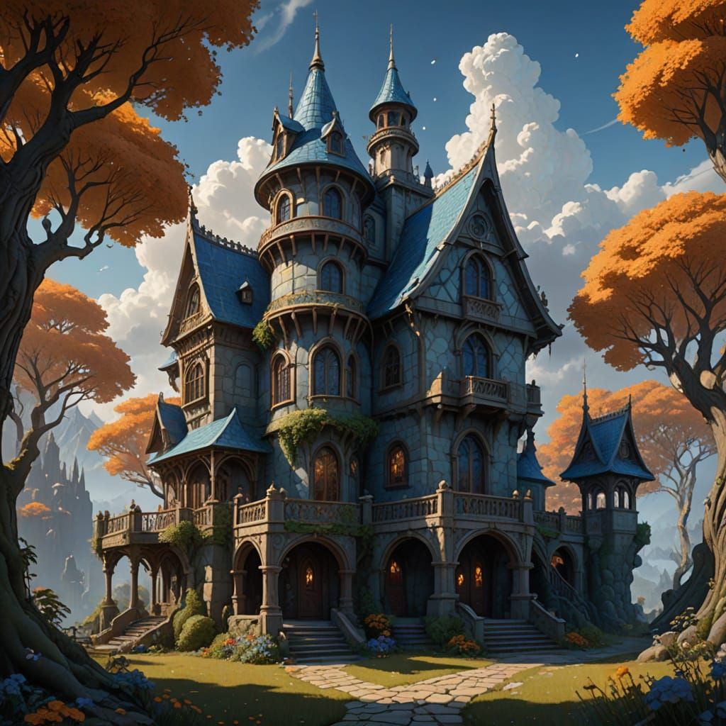 Enchanted Blue and White Fantasy Mansion with Winding Stairc...