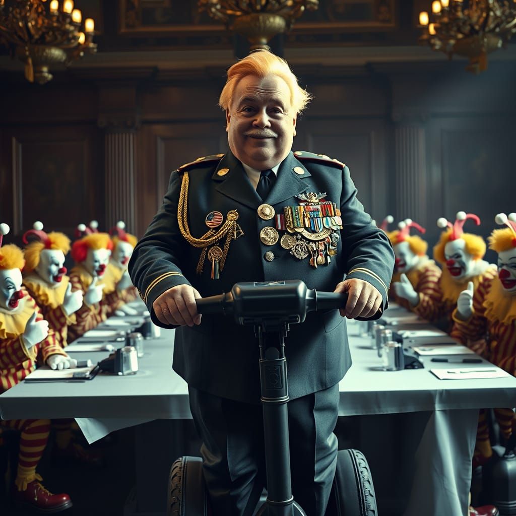 Authoritarian Leader Surrounded by Sycophants in War Room