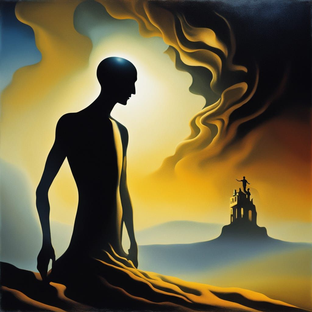 Surreal Figure in Darkness with Dancing Shadows