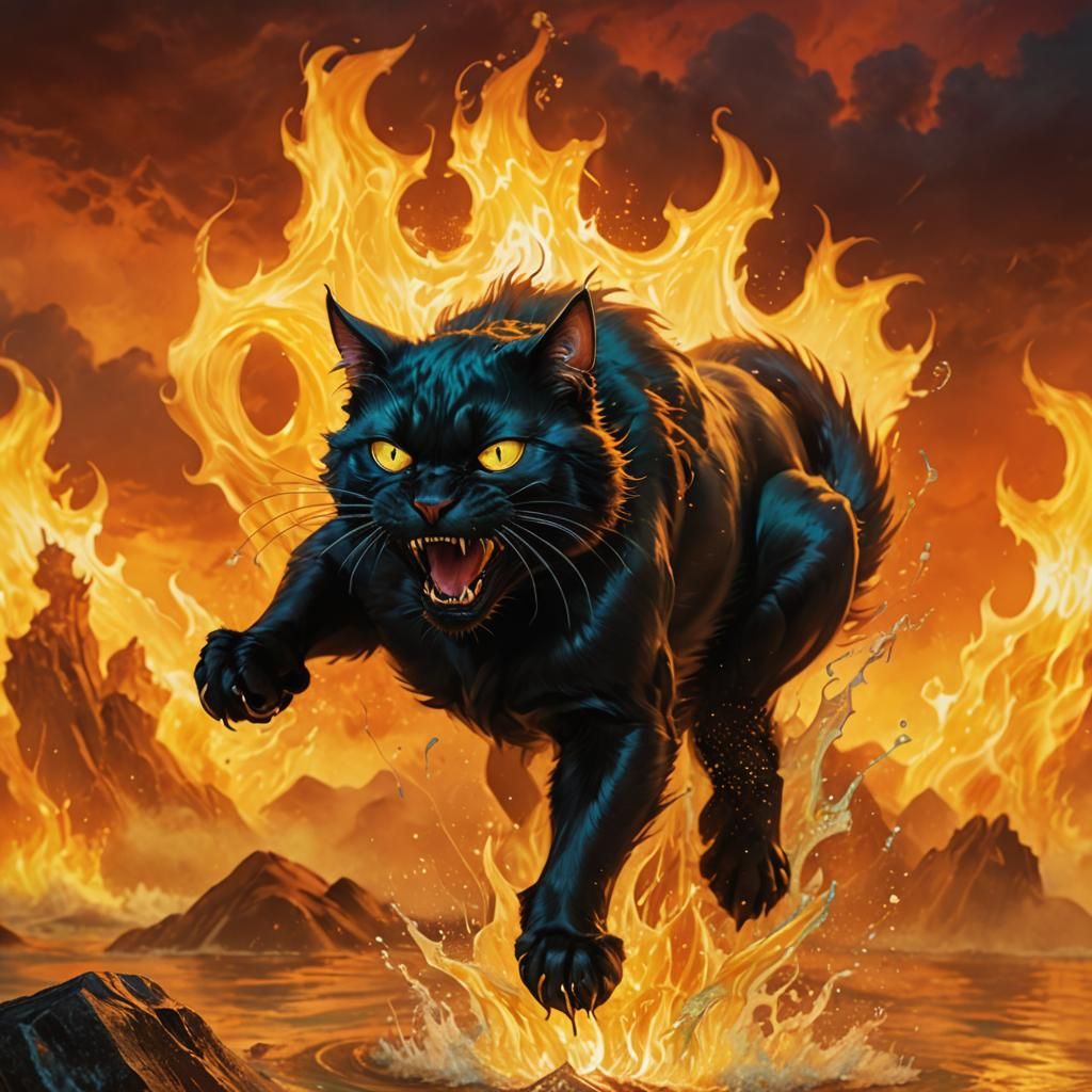 Three-Headed Black Cat in Aquamarine Water