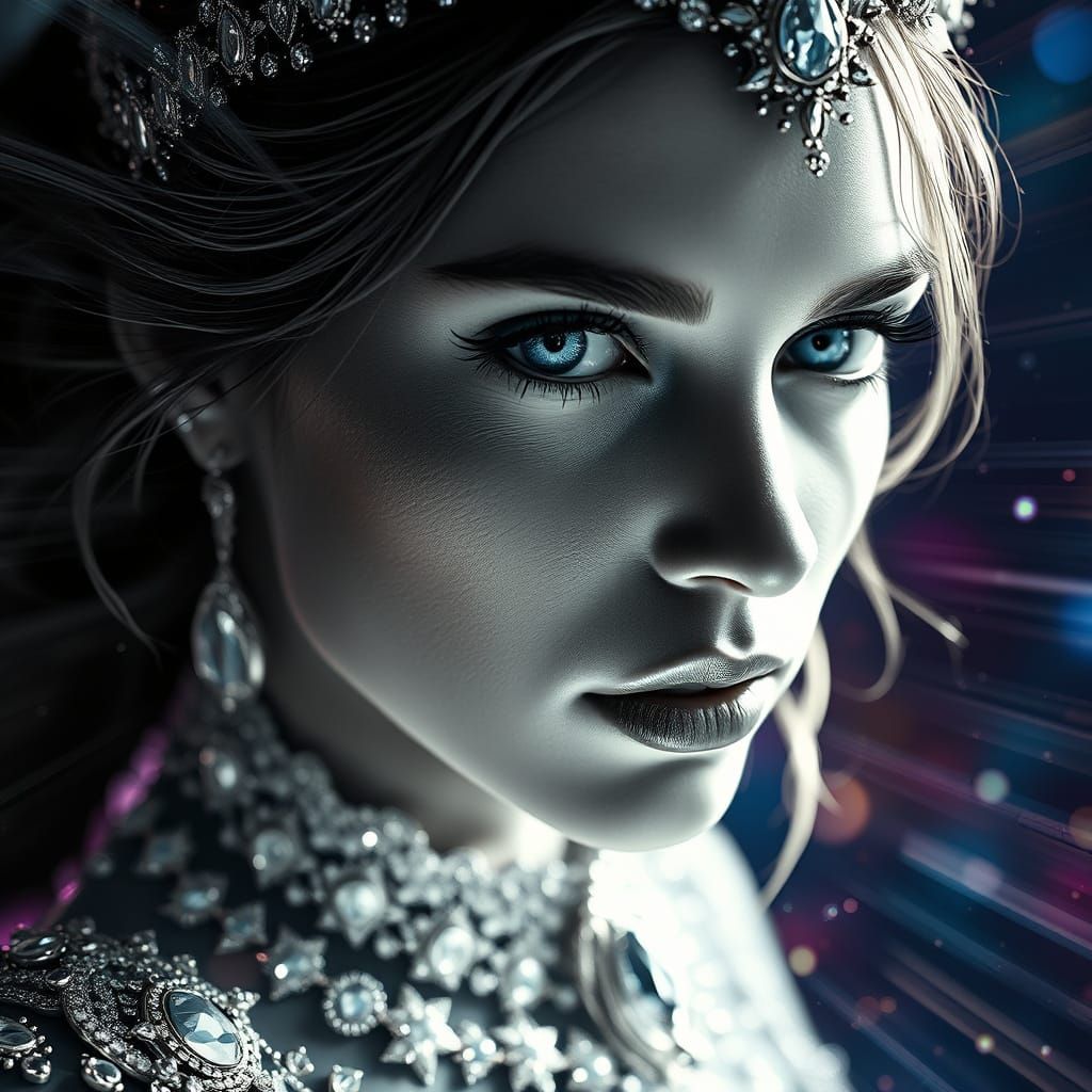 Grayscale Woman with Blue Eyes and Jewel Adornments