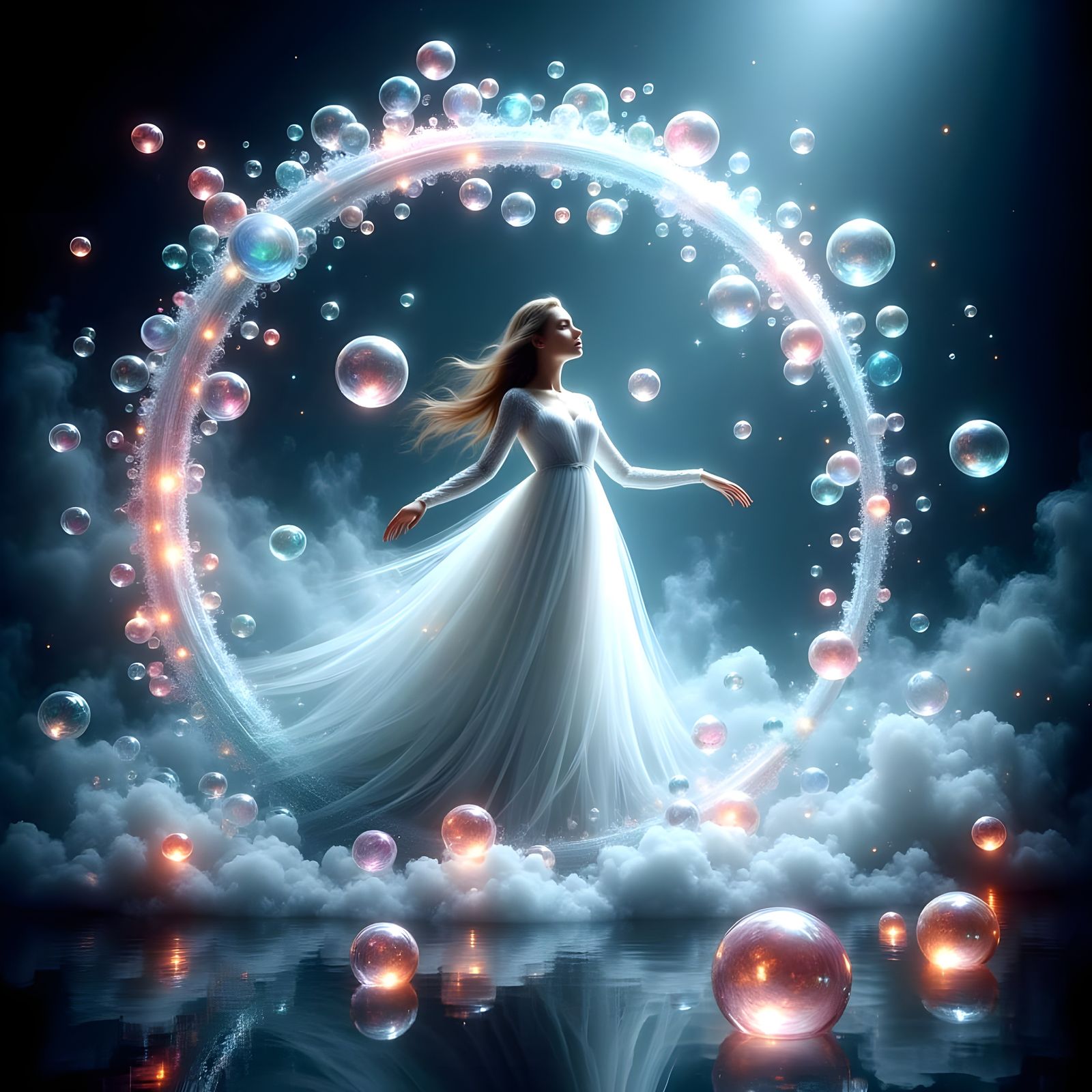 Ethereal Lady in Art Nouveau Landscape with Iridescent Bubbl...
