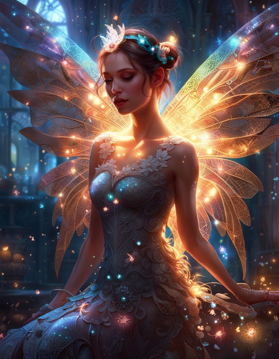 Sparkling Lace-Winged Fairy in Digital Painting Style