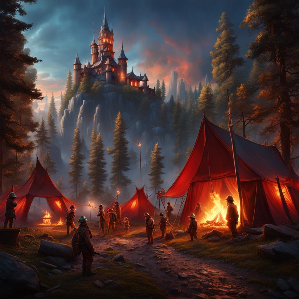 Children with Firemen Camp: Detailed Matte Painting