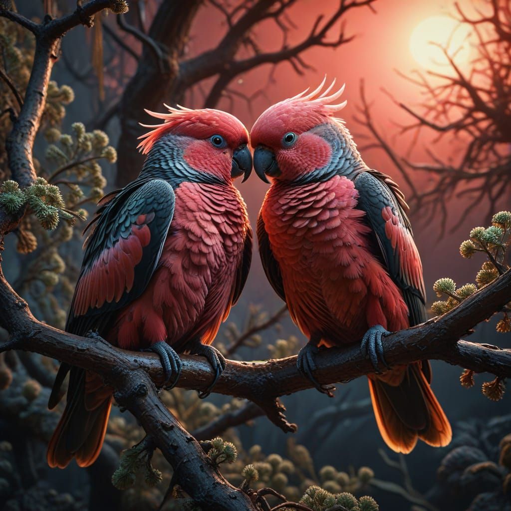 Galah Love Birds at Sunset in Hyperrealistic Style