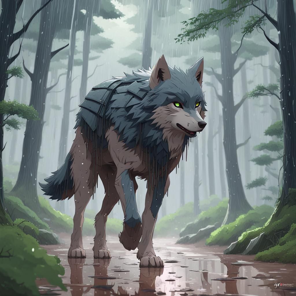 Cyberpunk Lone Wolf Embarks into Rainy Forest Landscape