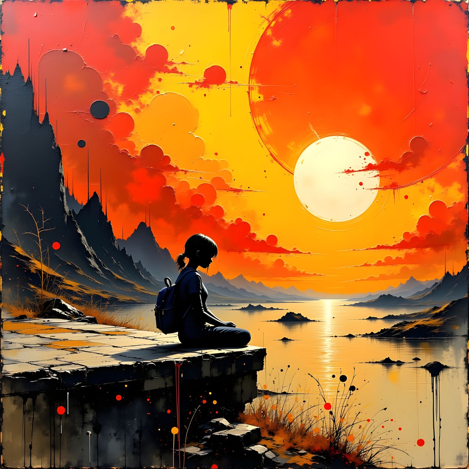 Girl Silhouetted on Ledge with Expressionist Backdrop