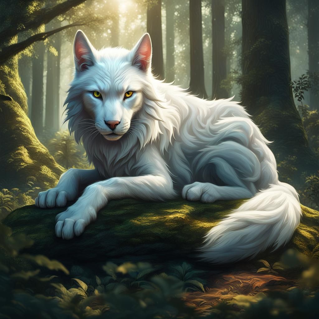 Cat-Wolf Hybrid Lounging in Forest: Matte Painting