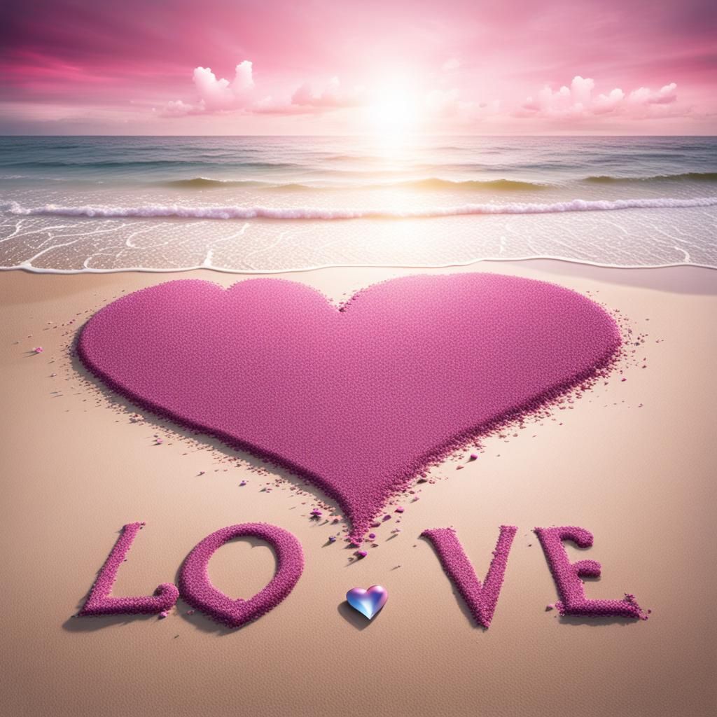 Romantic Beach Scene with Glittering Pink Heart