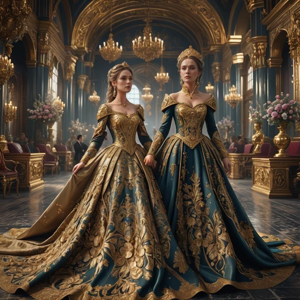 Elaborate Golden Gown at Royal Ballroom, Detailed Matte Pain...