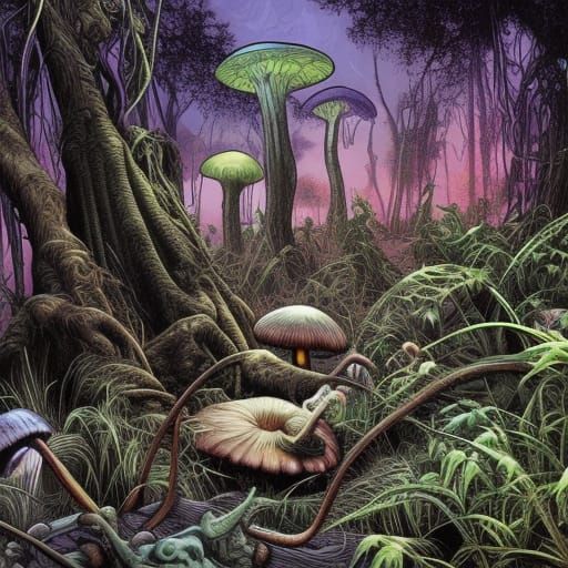 Mutated Jungle Swamp with Alien Mushrooms in Comic Style