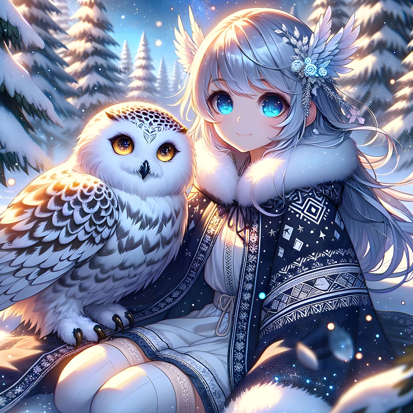 Anime-Inspired Sorceress and Snow Owl in Winter Wonderland
