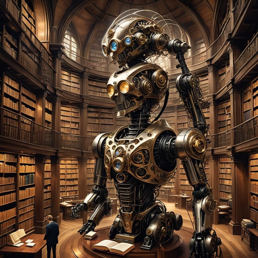 Robot Librarian Casting Spells in Clockwork Tower