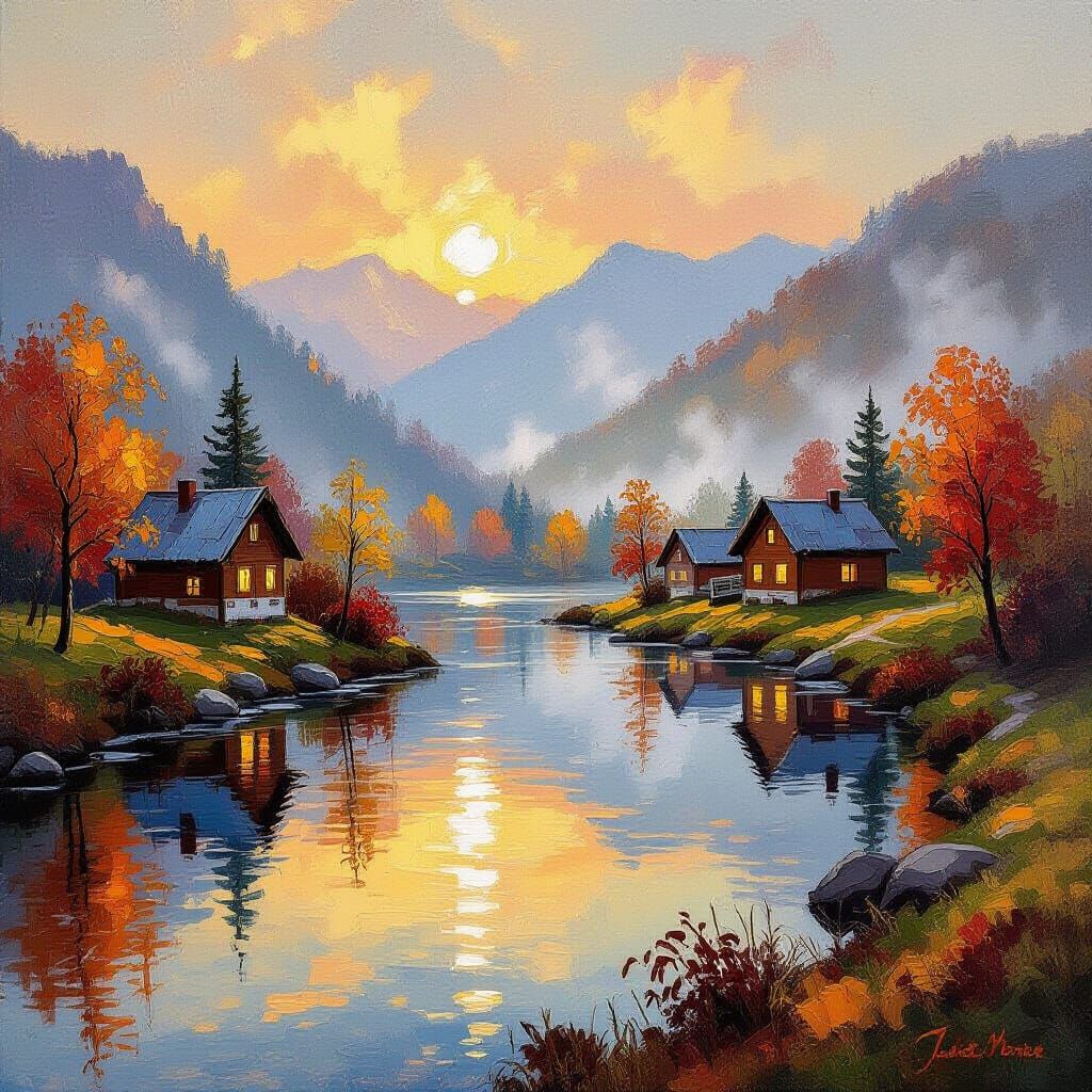 Impressionistic Autumn Mountain Landscape with Cozy Cabins