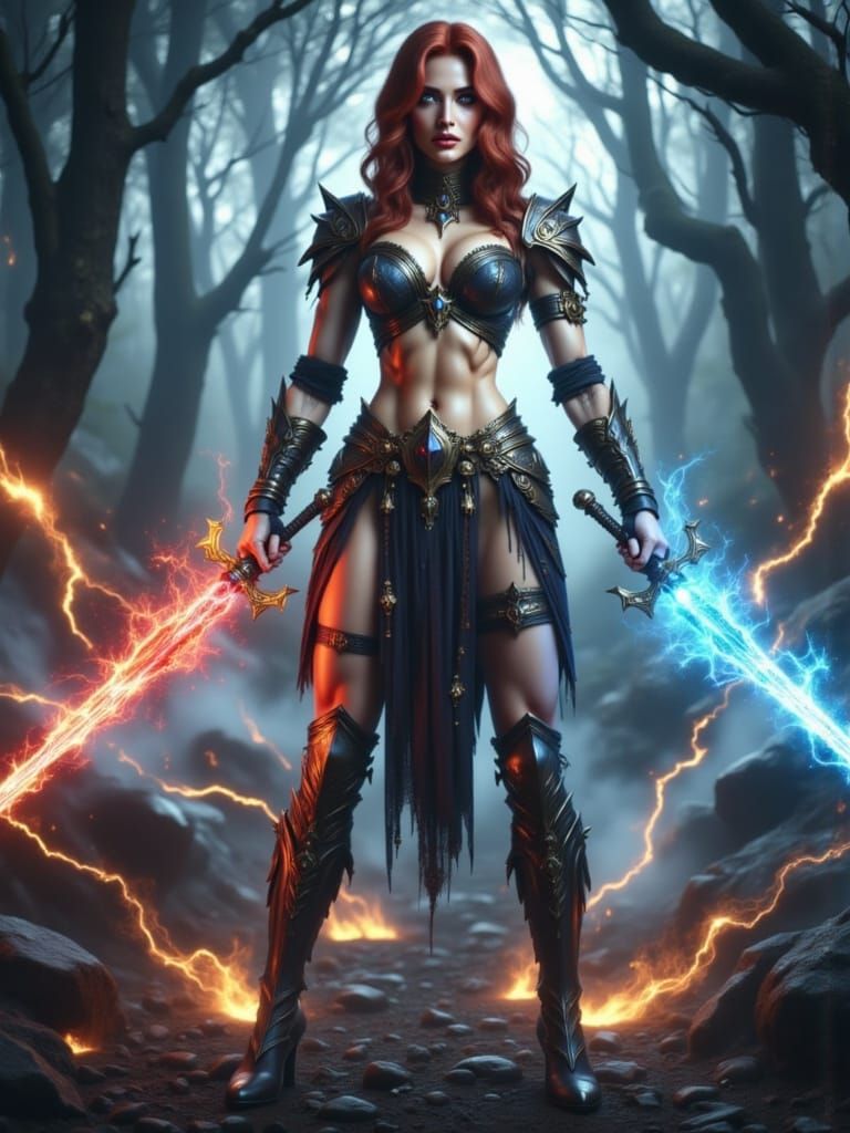 Warrior Woman with Fire and Ice Swords in Misty Battlefield