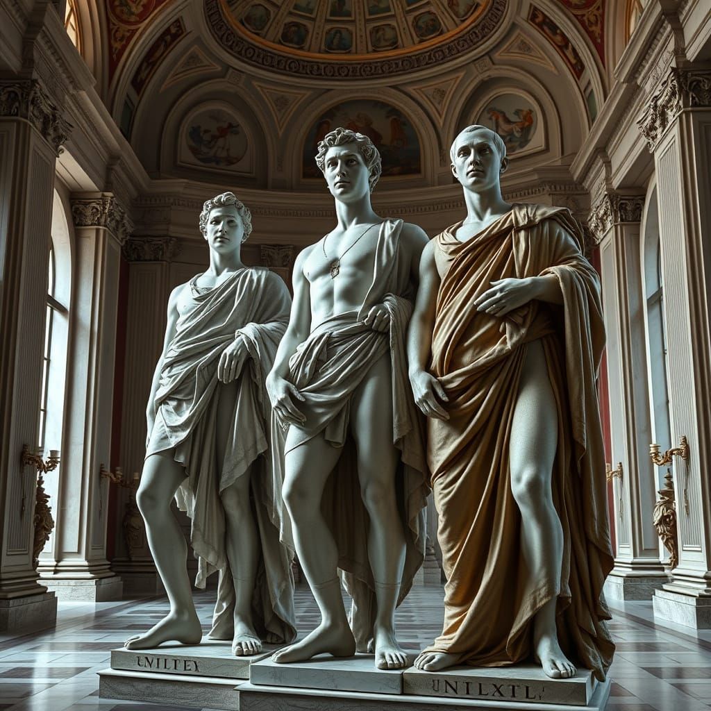 Classical Male Statues in Ornate Hall