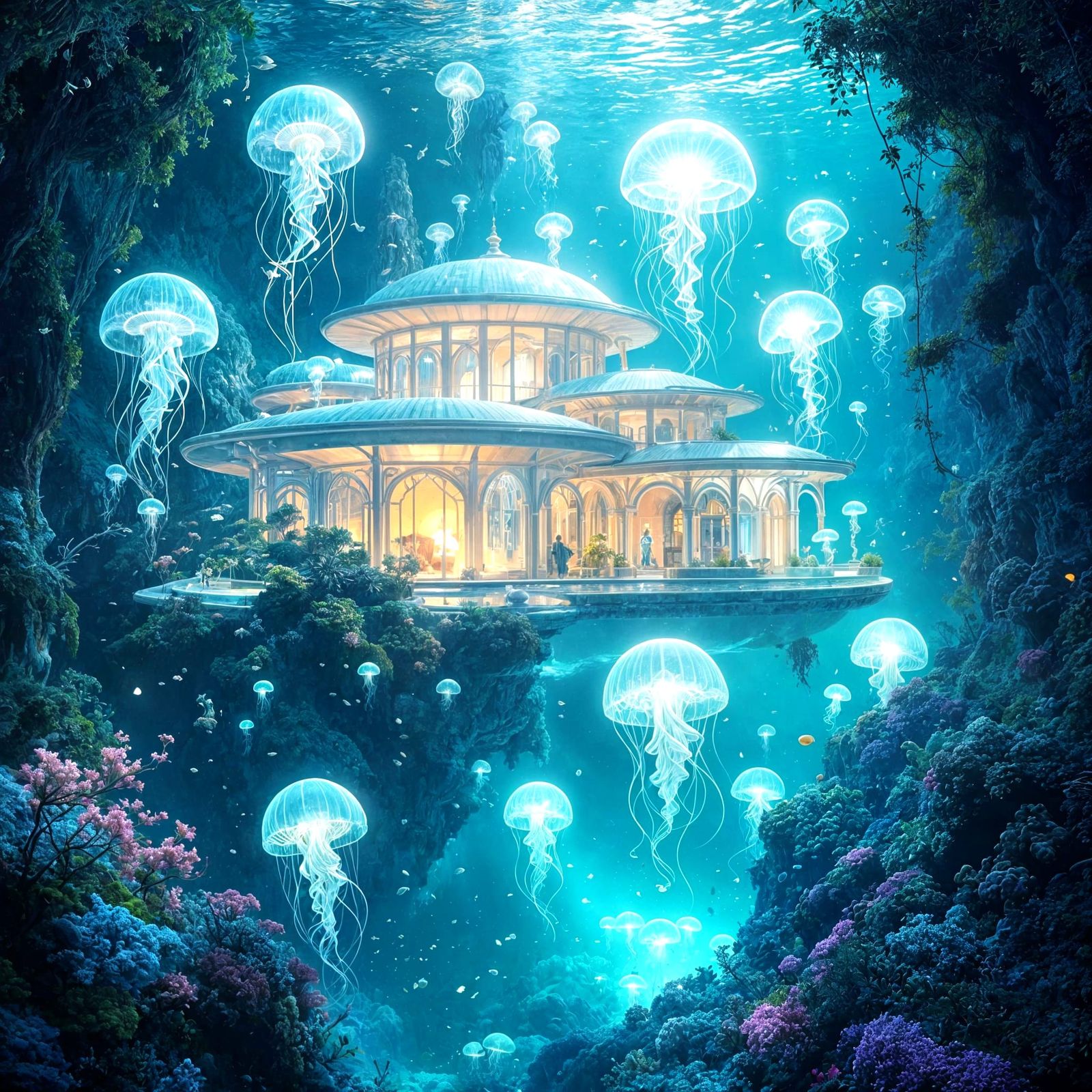 Dream House Floating Among Bioluminescent Jellyfish