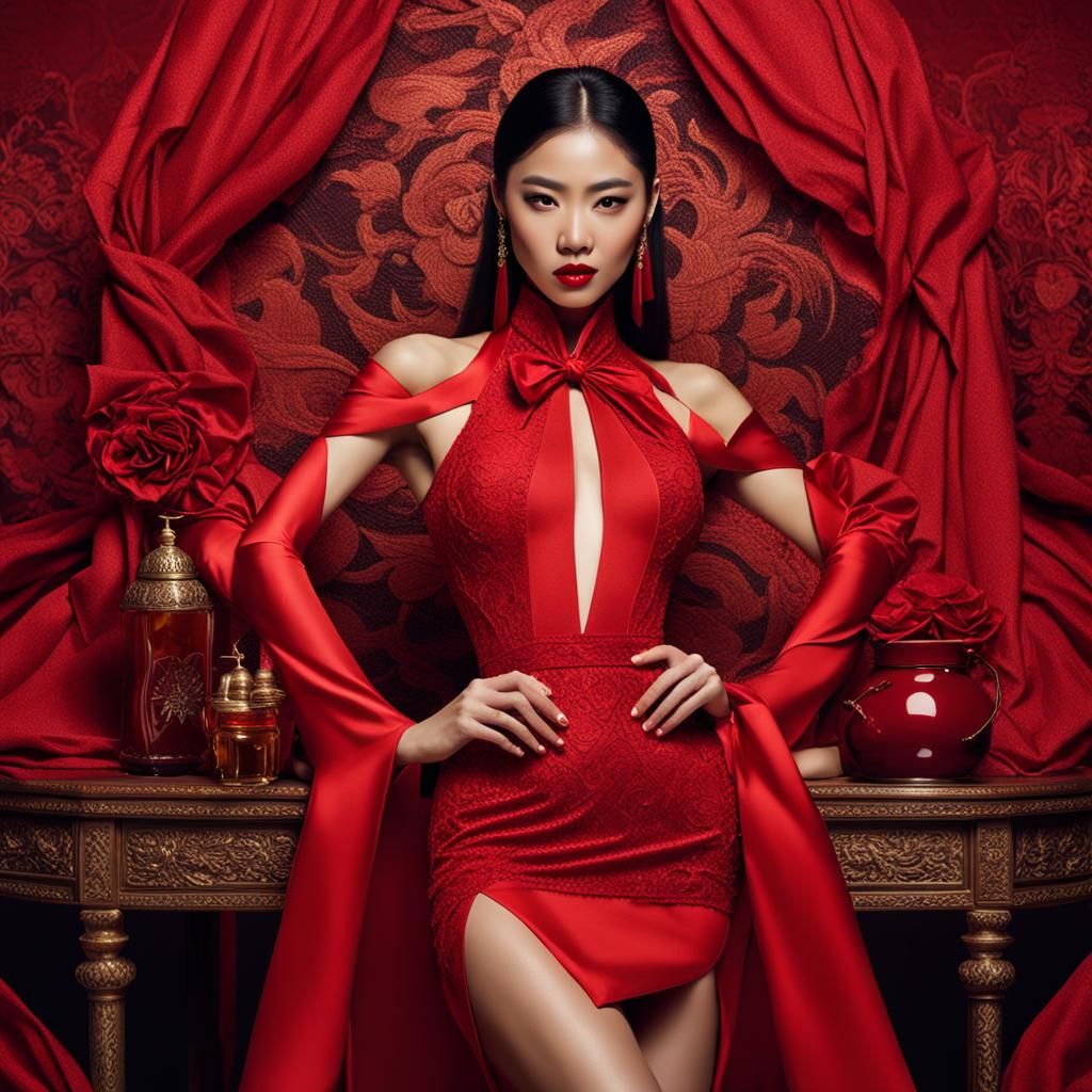 Seductive Thai Woman in Red Dress: Photorealistic Vogue Styl...