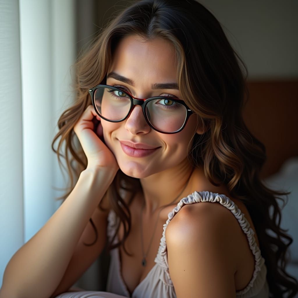 Elegant Woman with Glasses in a Tender Pose