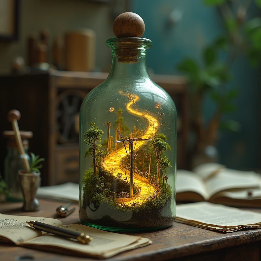 Surreal Solarpunk Cityscape in Vintage Glass Bottle