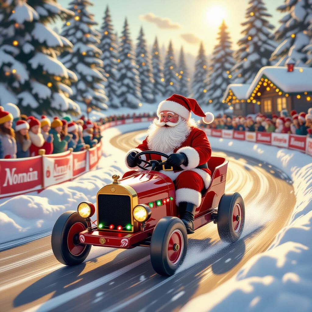Santa Claus Soapbox Derby Race in Snowy Woods