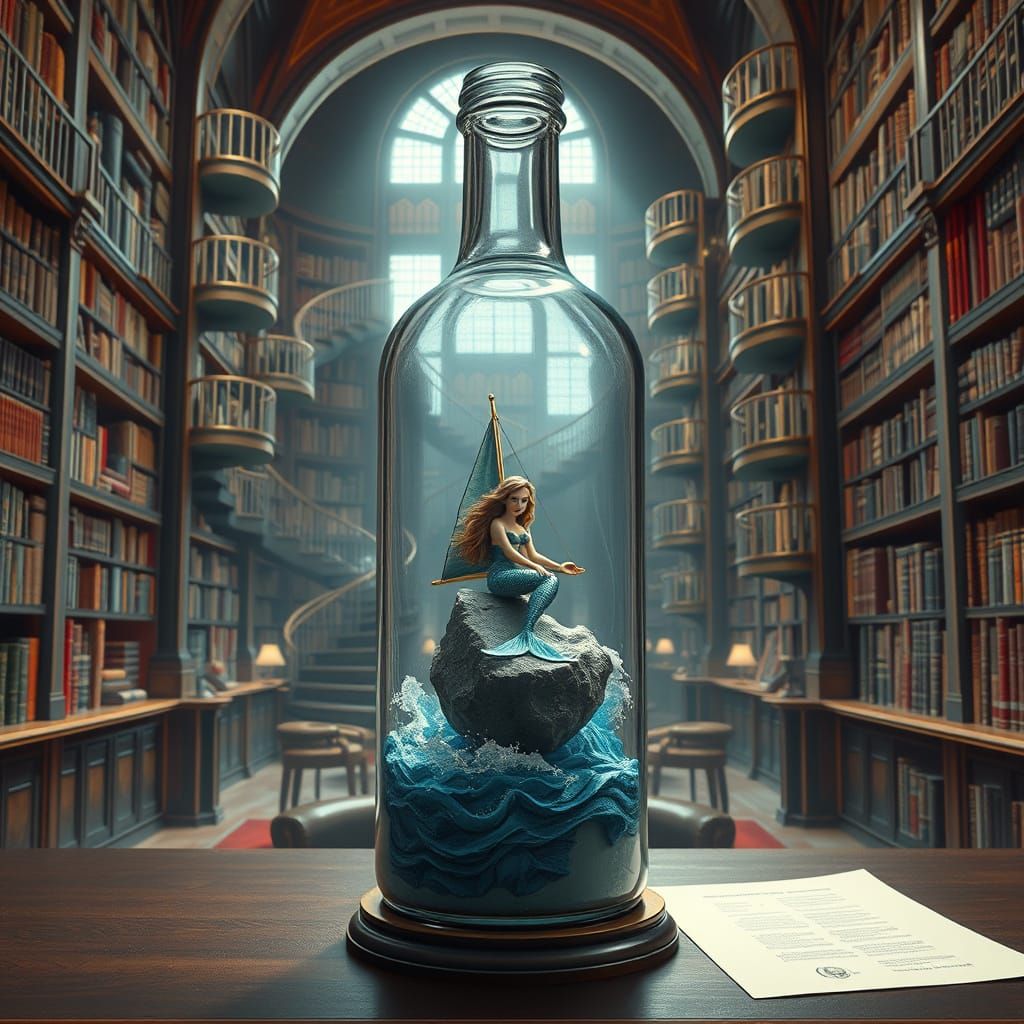 Enchanting Mermaid in a Bottle, Surrounded by Endless Librar...