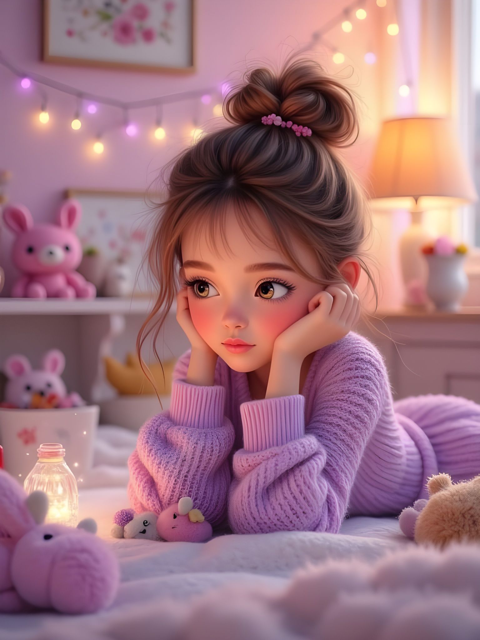 Cozy 3D Girl on Bed with Plush Toys and Fairy Lights