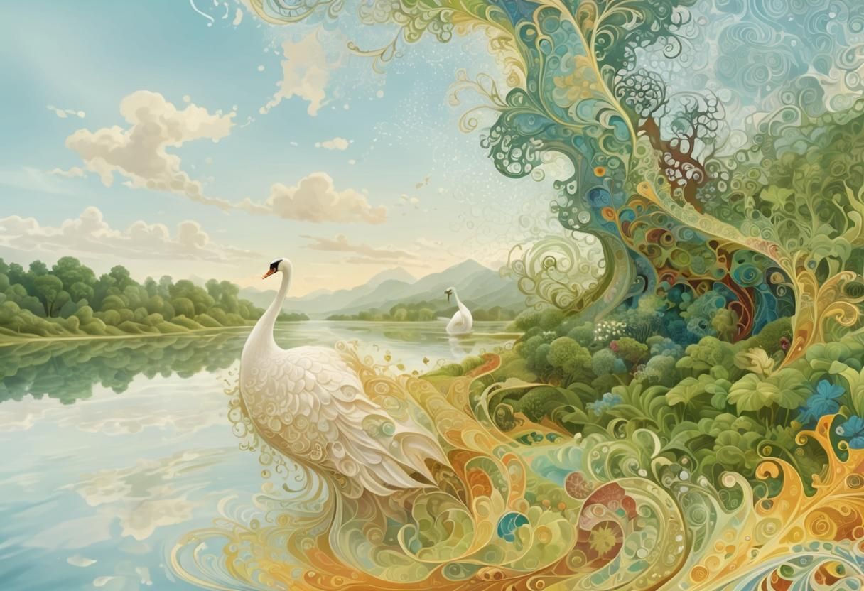 Majestic Swan in Surreal Vector Fractal Landscape