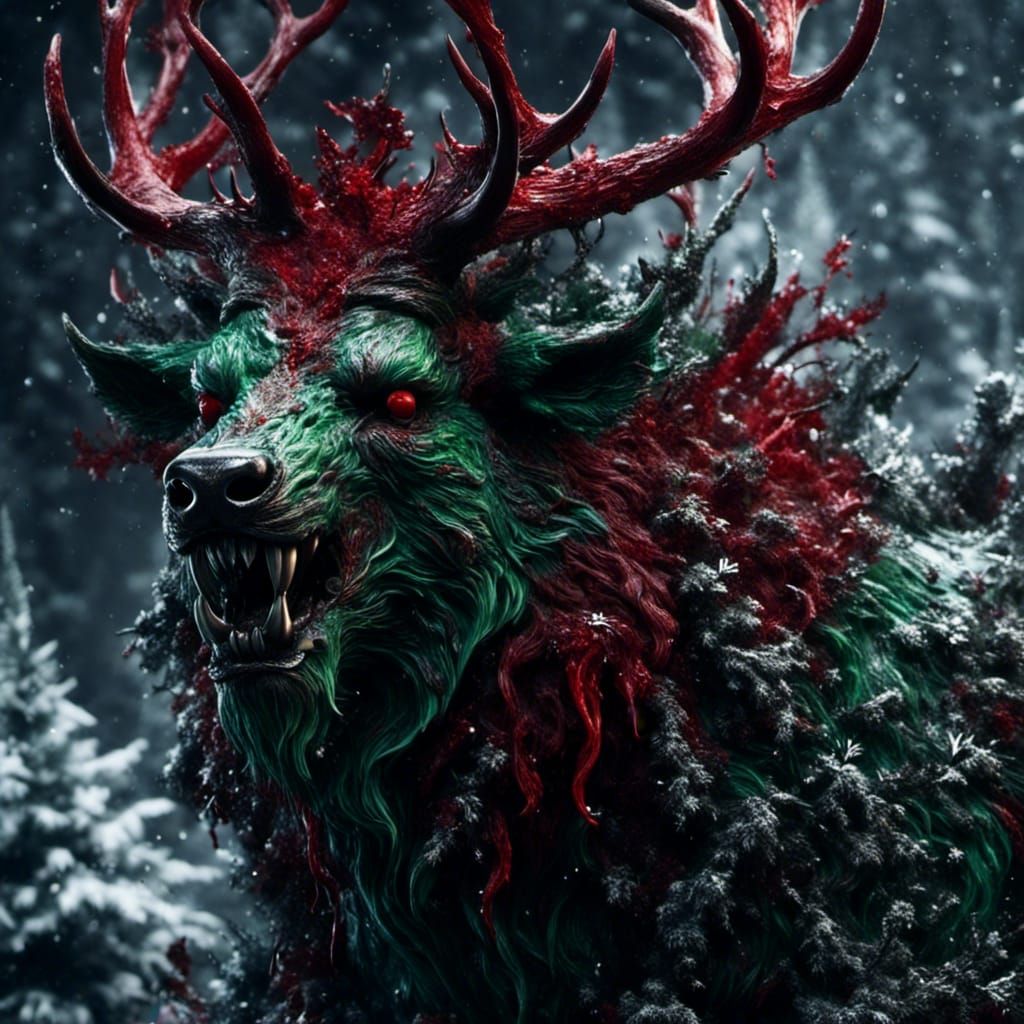 Snarling Zombie Reindeer in Winter Forest