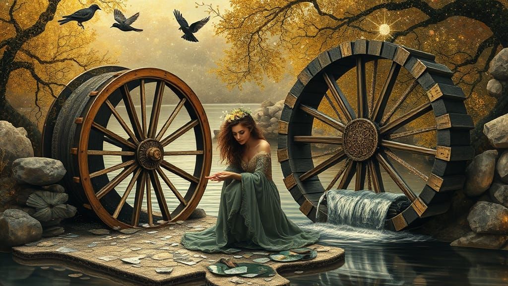 Ethereal Waterwheel Scene in Klimt-Inspired Style
