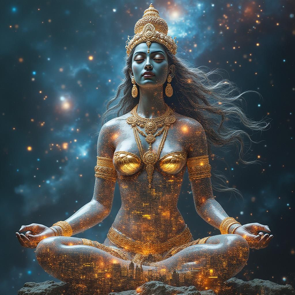 Hindu Goddess Meditating in Double Exposure Concept Art