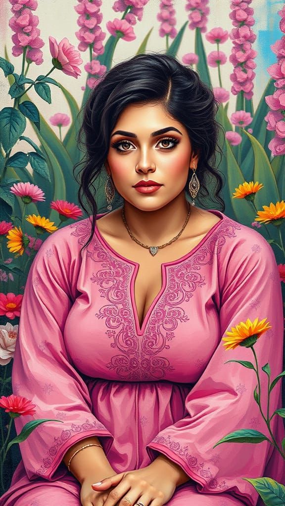 Woman in Persian Dress: Vibrant Polychromatic Oil Painting