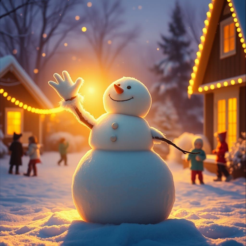 Snowman Waving in Winter Yard with Golden Light