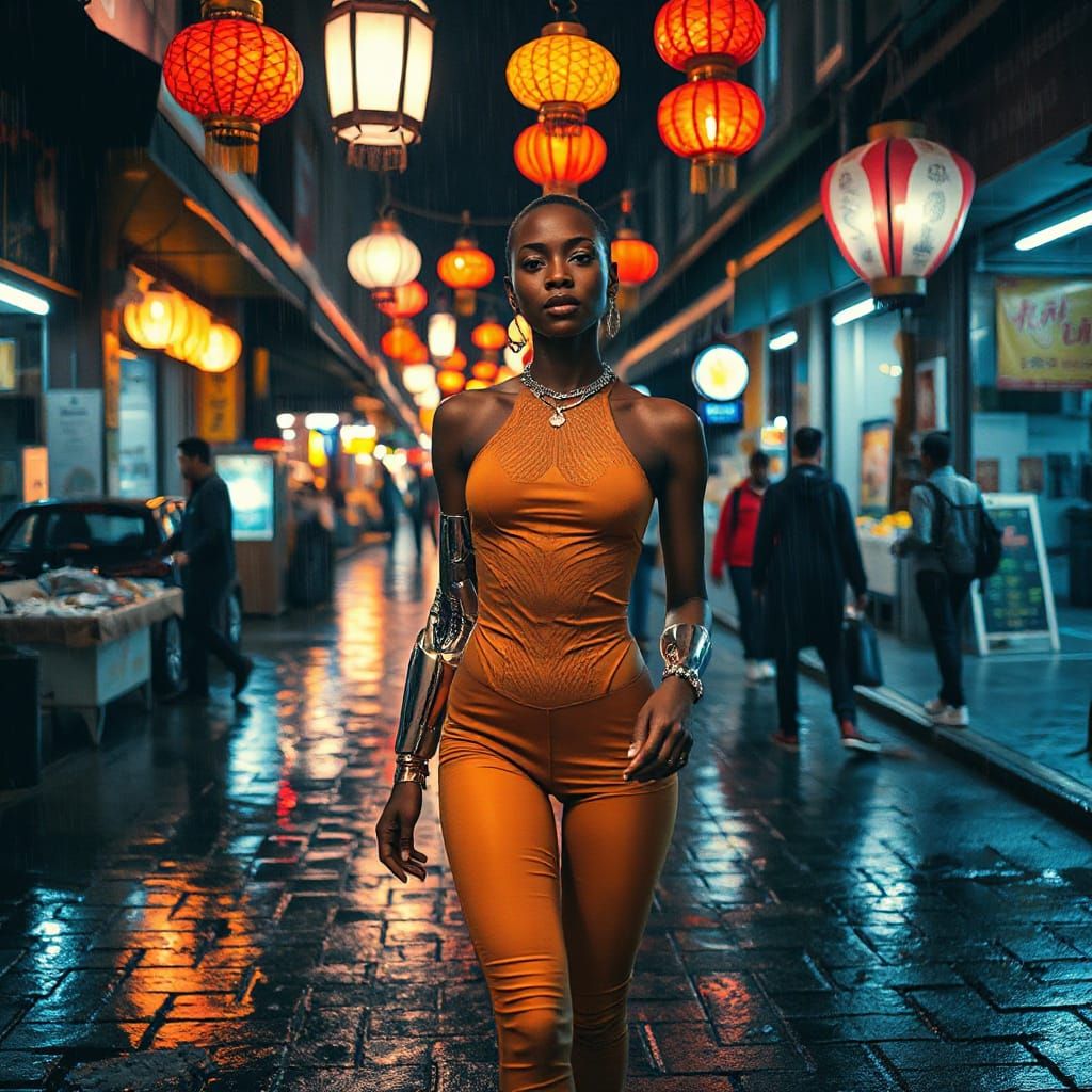 Cybernetic Model in Neon Night Market, Artgerm Style
