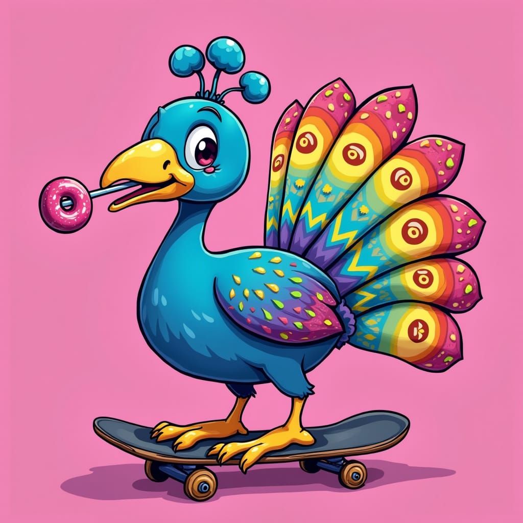 Hyper-Colorful Cartoon Peacock with Rainbow Feathers