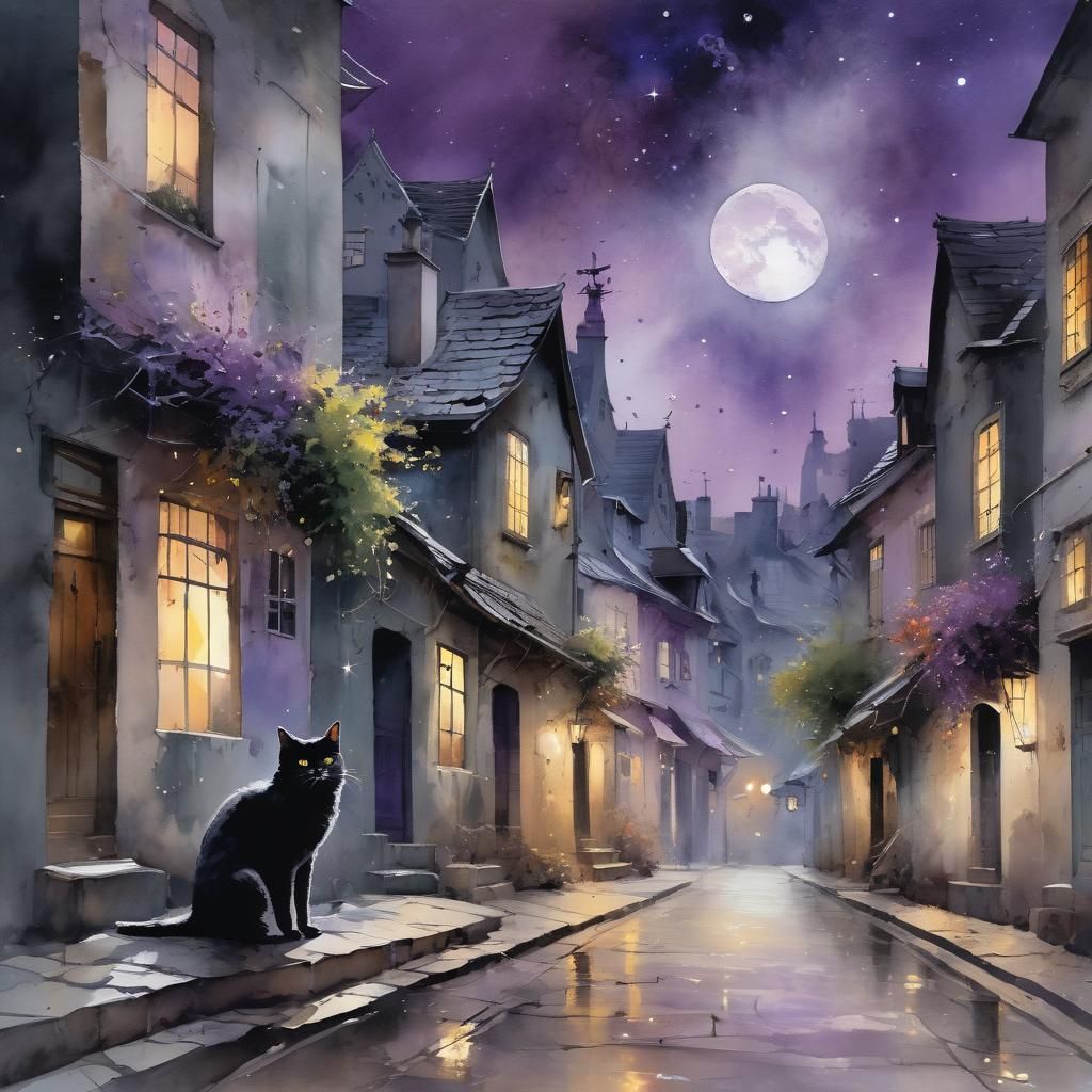 Black Cat in Old Village: Faded Watercolor Painting