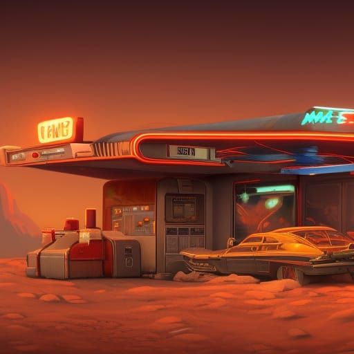 Retro Gas Station on Mars: Detailed Matte Painting