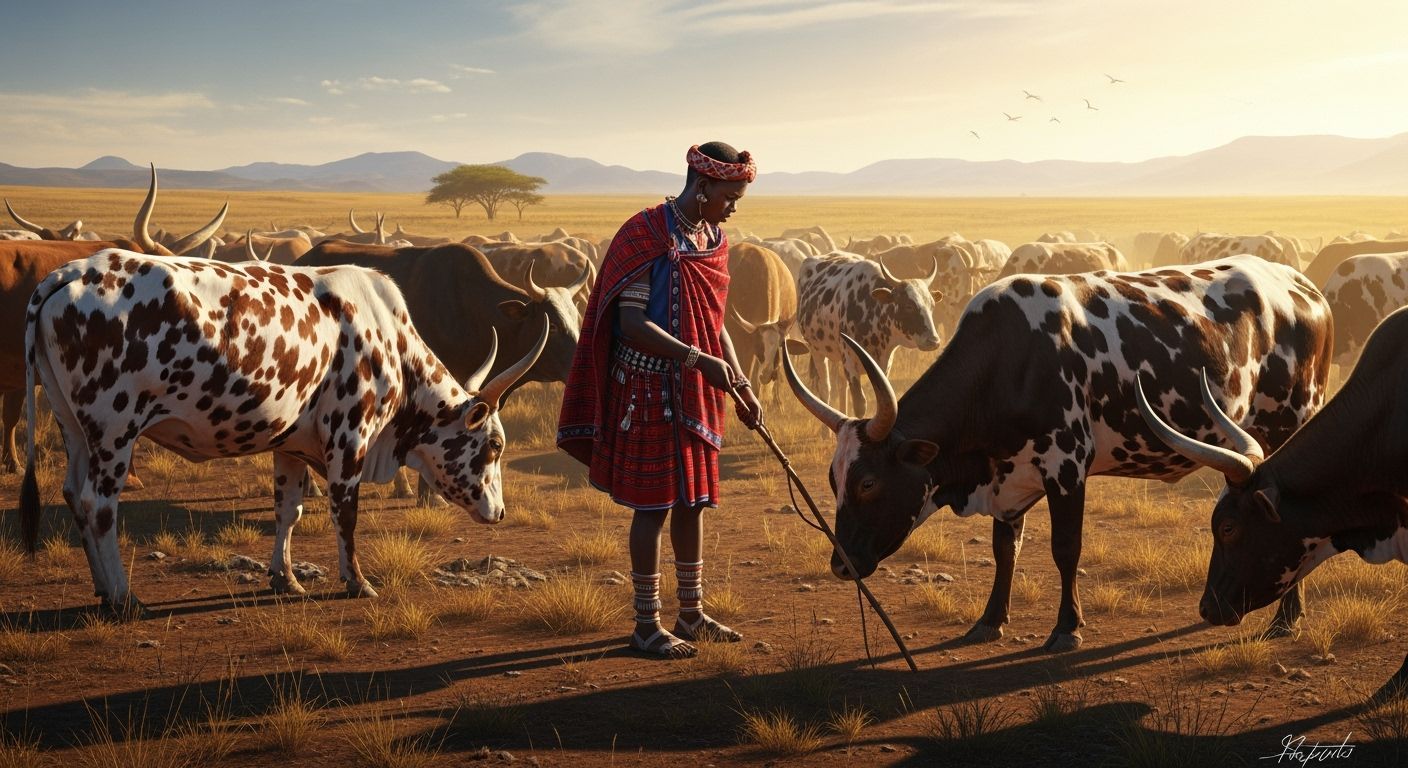 African Youth Tends Nguni Cattle in Golden Hour Landscape