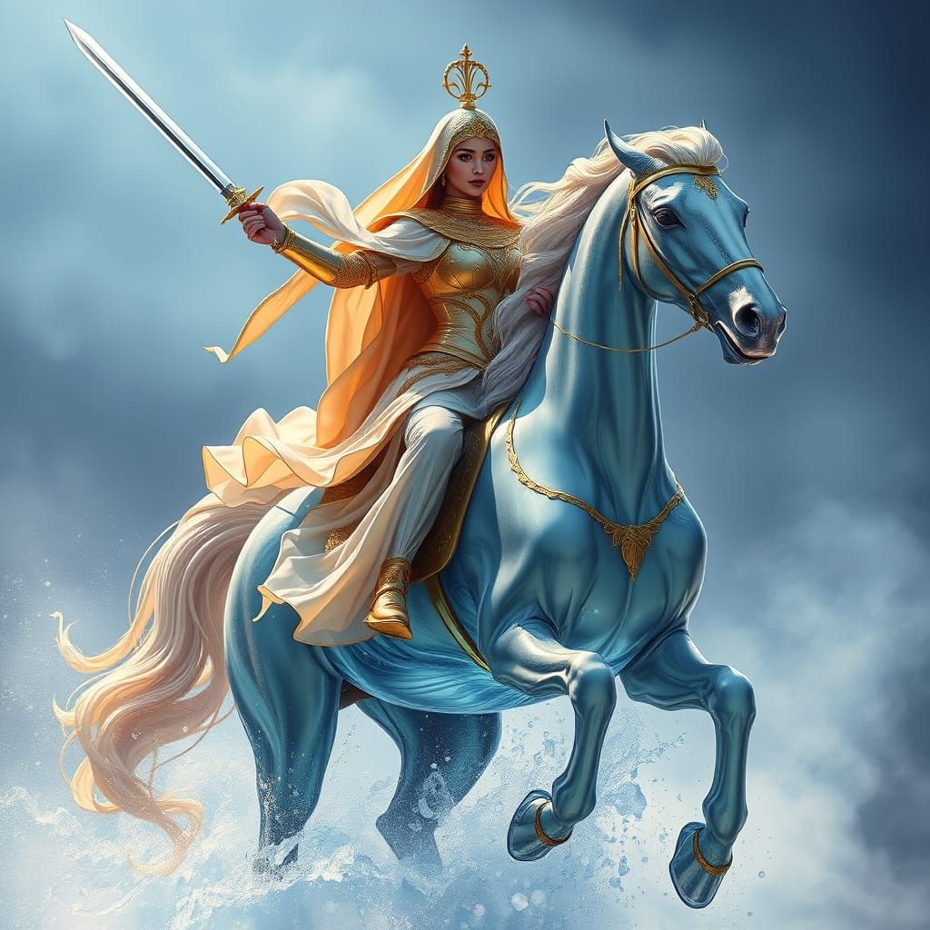 An Arabian warrior princess riding her horse, their forms made entirely of flowing fluid water, performing