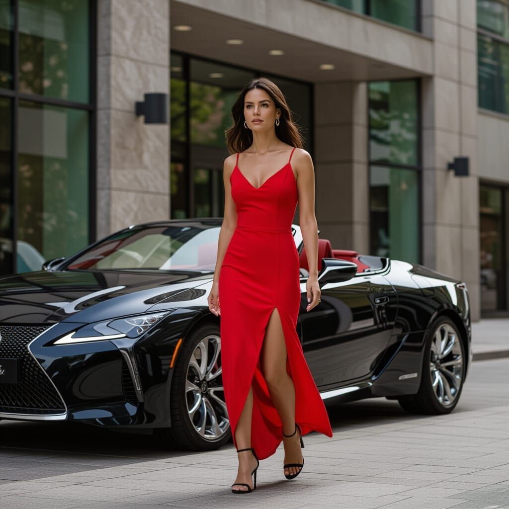 Woman in Red Dress Stepping Out of Lexus Convertible