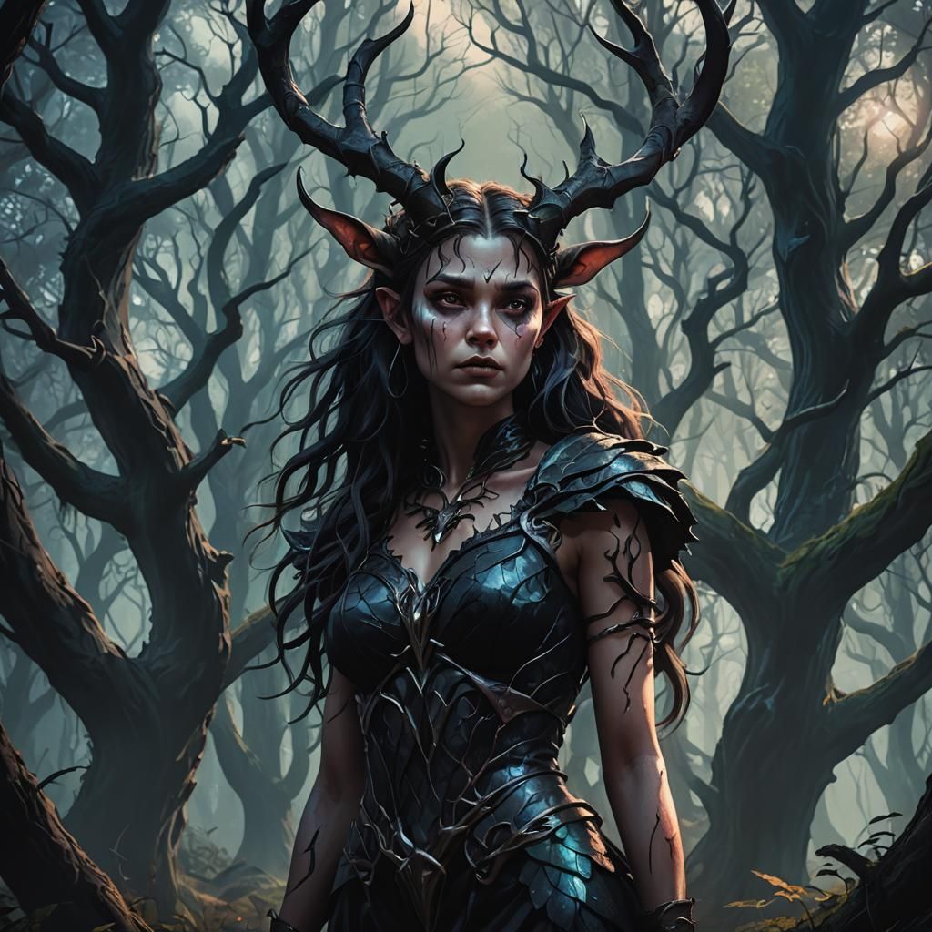 Monster Girl in Mystical Forest: Dark Fantasy Illustration