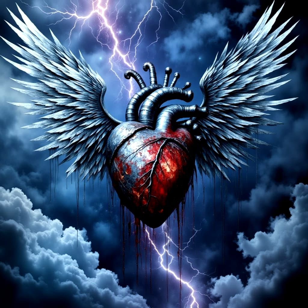 Winged Metallic Heart Ascends in Storm