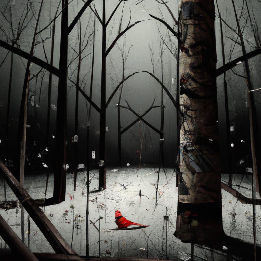 Red Cardinal in Black and White Winter Birch Forest