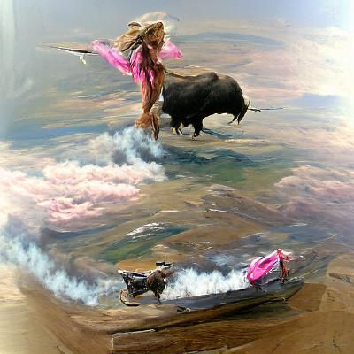 Barbie Rides Buffalo in Oil Painting