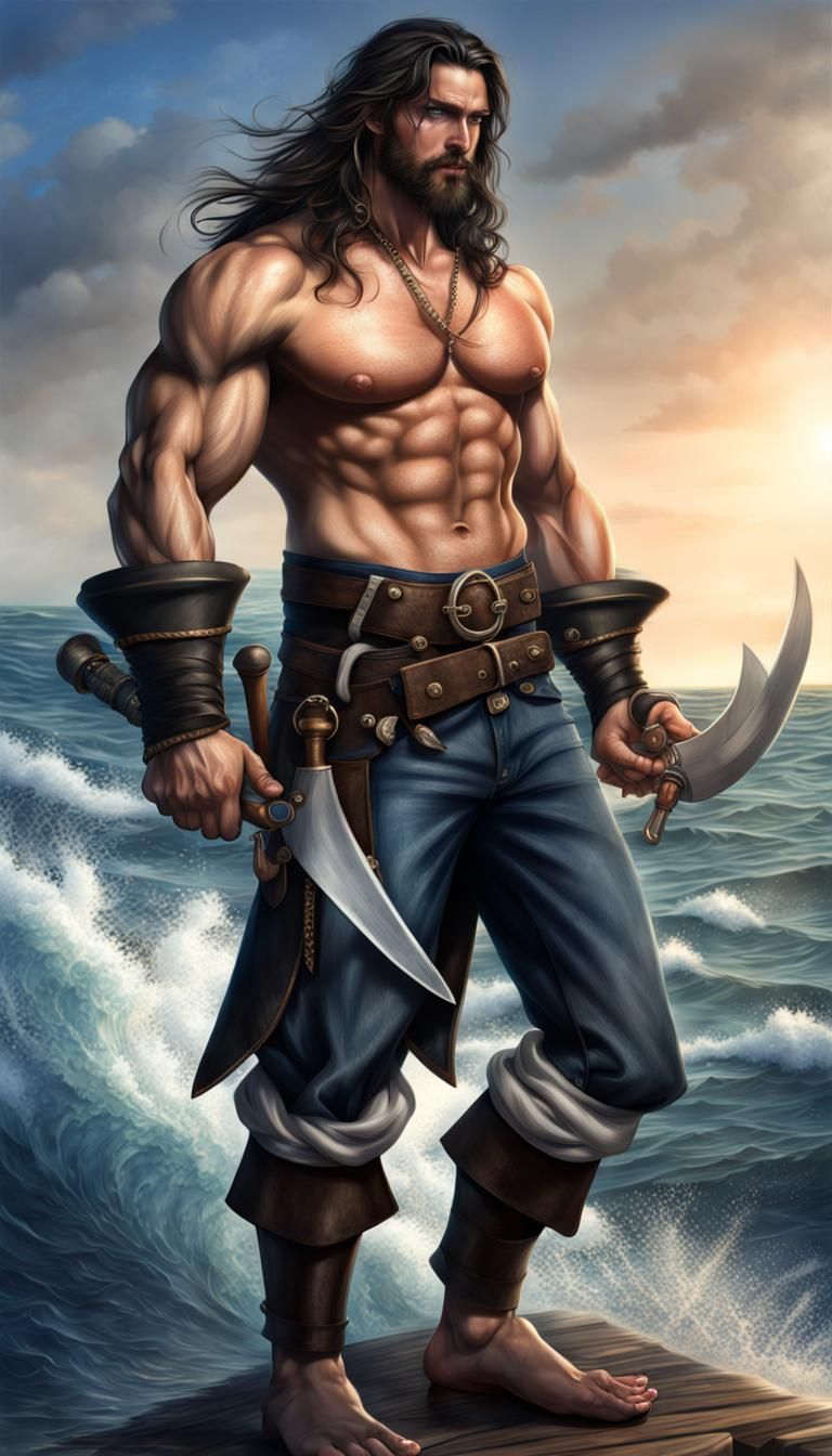 Photorealistic Handsome Pirate with Muscular Build on Ocean ...