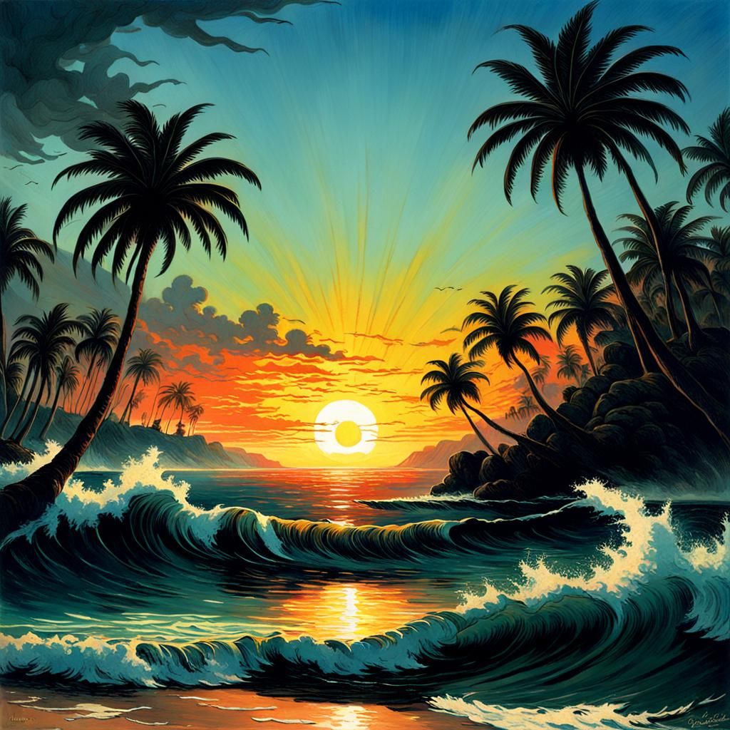 Eerie Sunset Over Ocean with Palm Trees