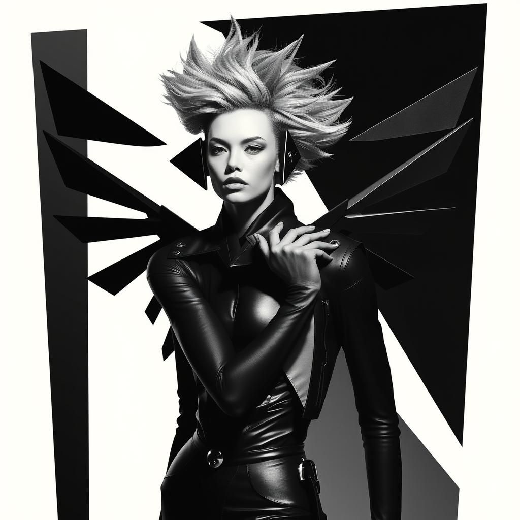 High Fashion Model with Geometric Wings in Dadaist Style